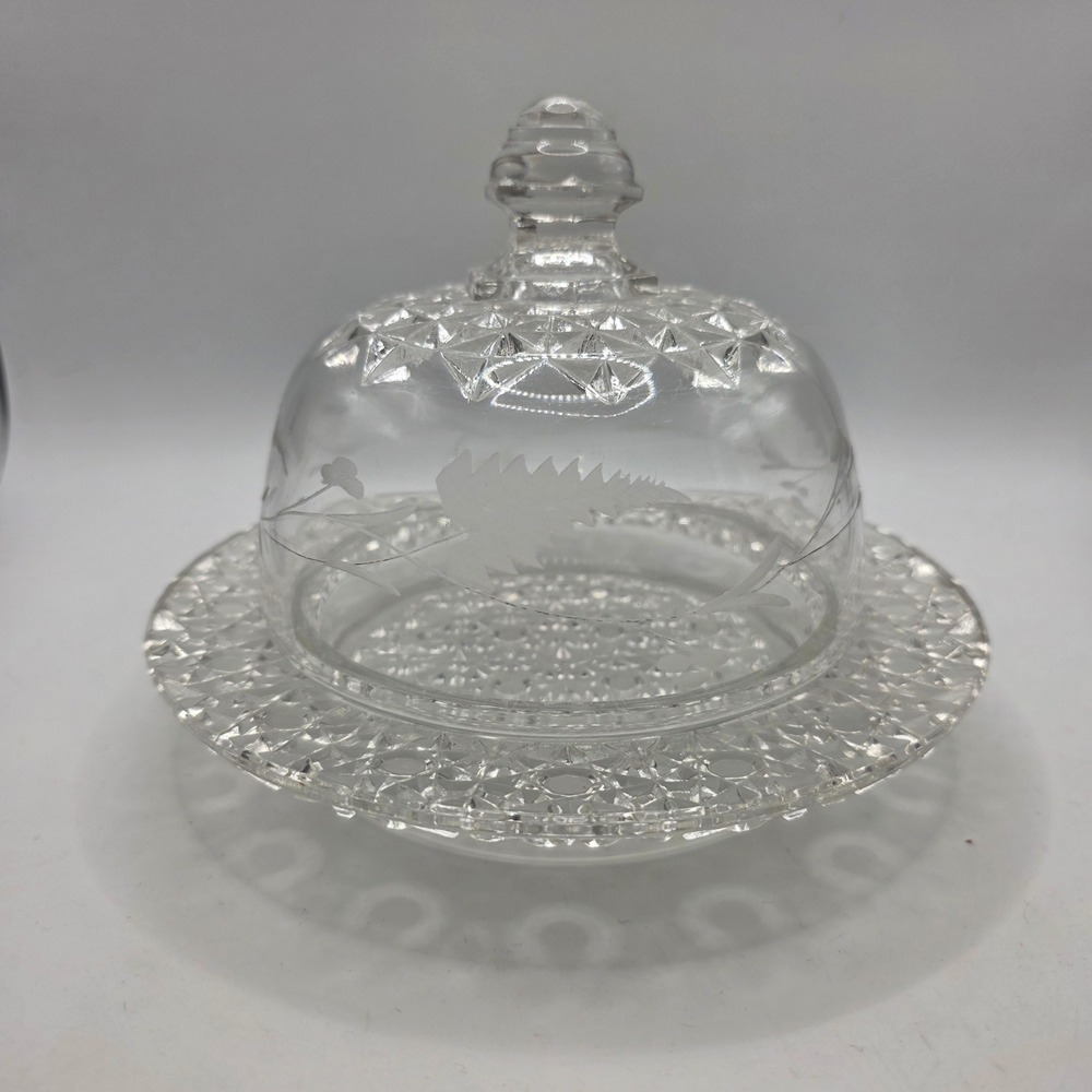 Vtg Etched Glass Round Butter/Cheese Dish with Domed Lid Starburst Pattern Clear